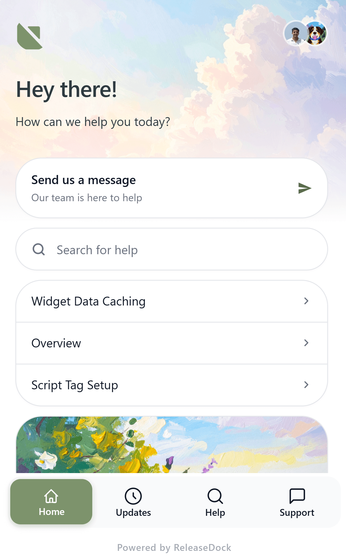 The ReleaseDock widget Home panel with search, recent updates, and a way to message support